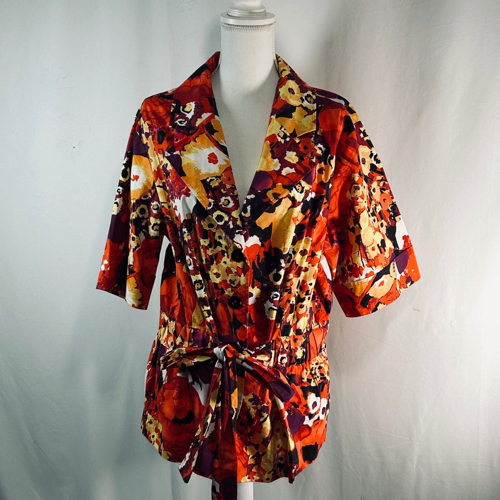 Covington Womens XL Floral Abstract Short Sleeve Button Up Belted Top Orange Red